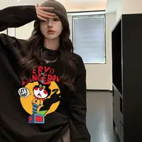 网红时尚炸街新款女装圆领t恤情侣装前后图案长袖加厚中长款上衣