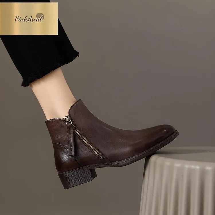 PinkAvril秋冬季圆头英伦风切尔西短靴复古棕色马丁靴女平底低跟