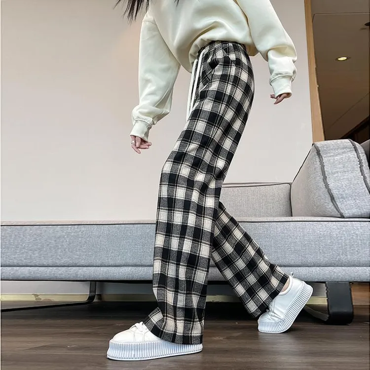 杜拉妮毛呢英伦风格子阔腿裤女春秋2025新款宽松黑白松紧腰休闲窄