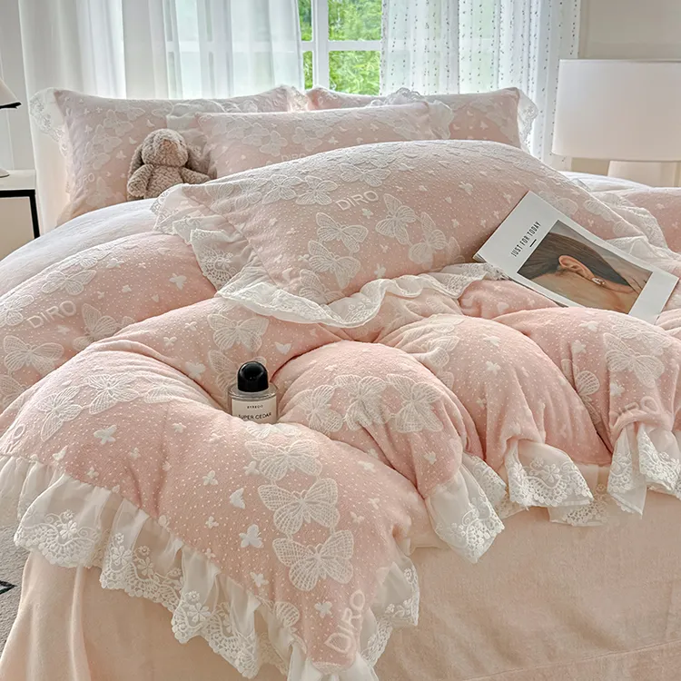 法式冬季加厚保暖床品四件套牛奶绒雕花被套公主花边款床盖双面绒