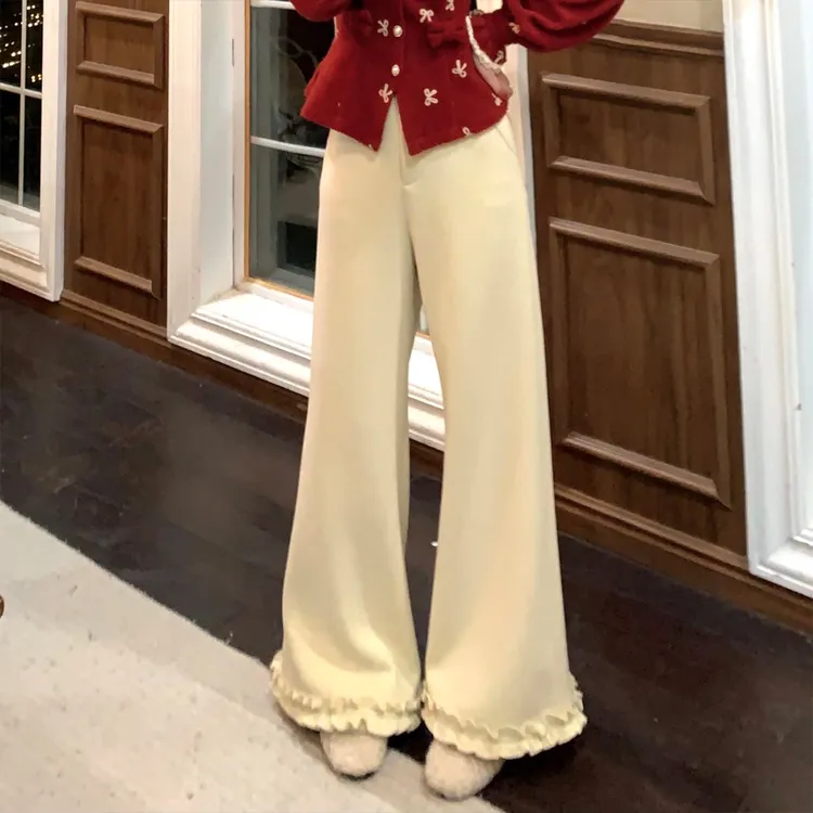 现货【一生罗曼】加绒加厚气质百搭显瘦后腰松紧腰阔腿直筒裤K792