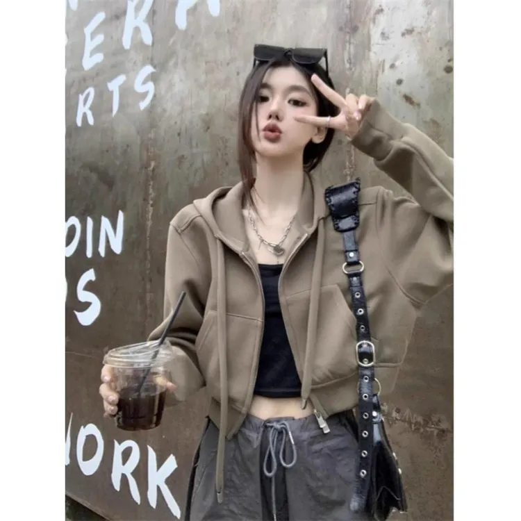 范哲萨美国女子短运动衫2025新热风格春秋季宽松外穿双拉炼连帽开