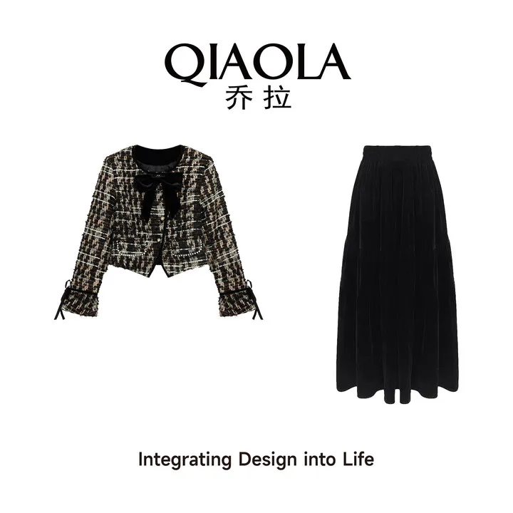QIAOLA/乔拉【维多利亚港】秋冬款小香风金丝编织蝴蝶结A版时尚套装