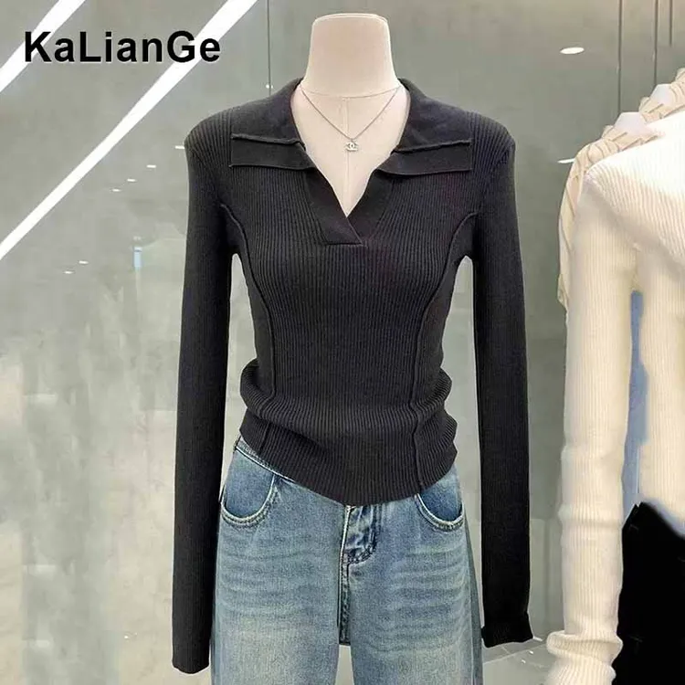 卡莲格/高级感翻领修身显瘦针织衫女秋季polo领长袖内搭鱼骨上衣