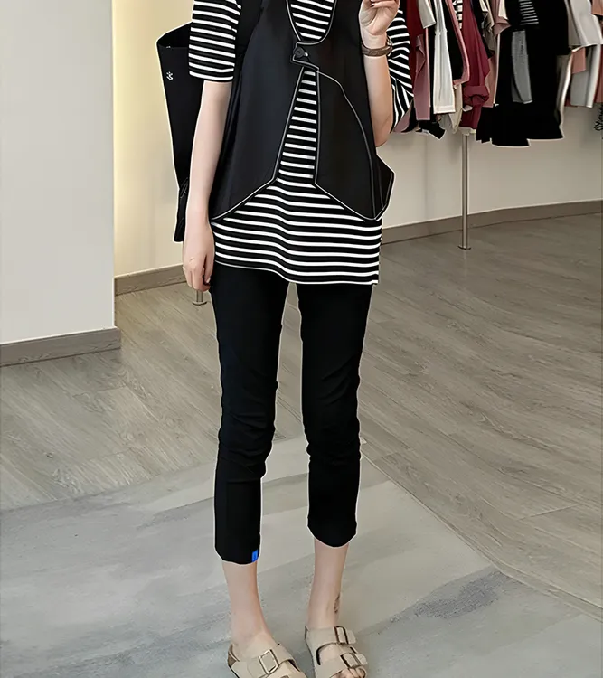 夏季新款超薄速干纸皮裤女松紧高腰黑色直筒小脚裤八分纸袋面膜裤