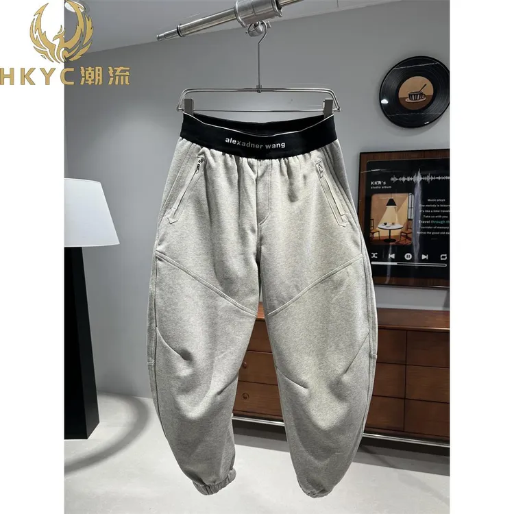 HKYC拼接设计感弯刀裤男宽松百搭运动裤高街松紧腰抽绳针织休闲裤