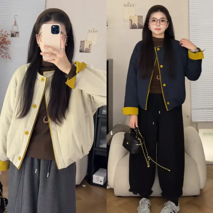 2025秋冬韩系撞色高级感轻薄夹棉短外套女装新款时尚洋气棉服上衣