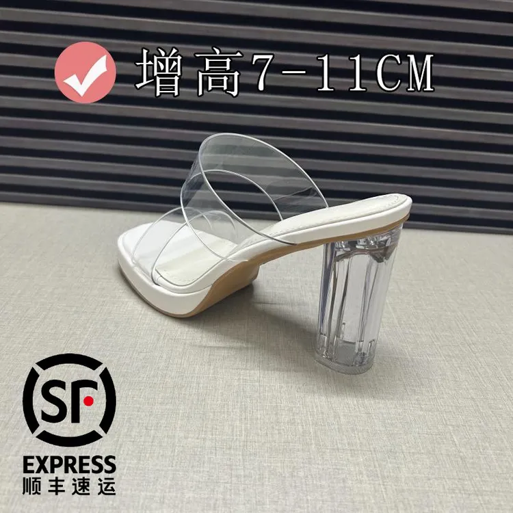 32-39小码白色透明一字带高跟拖鞋女夏季外穿防水台水晶粗跟凉鞋