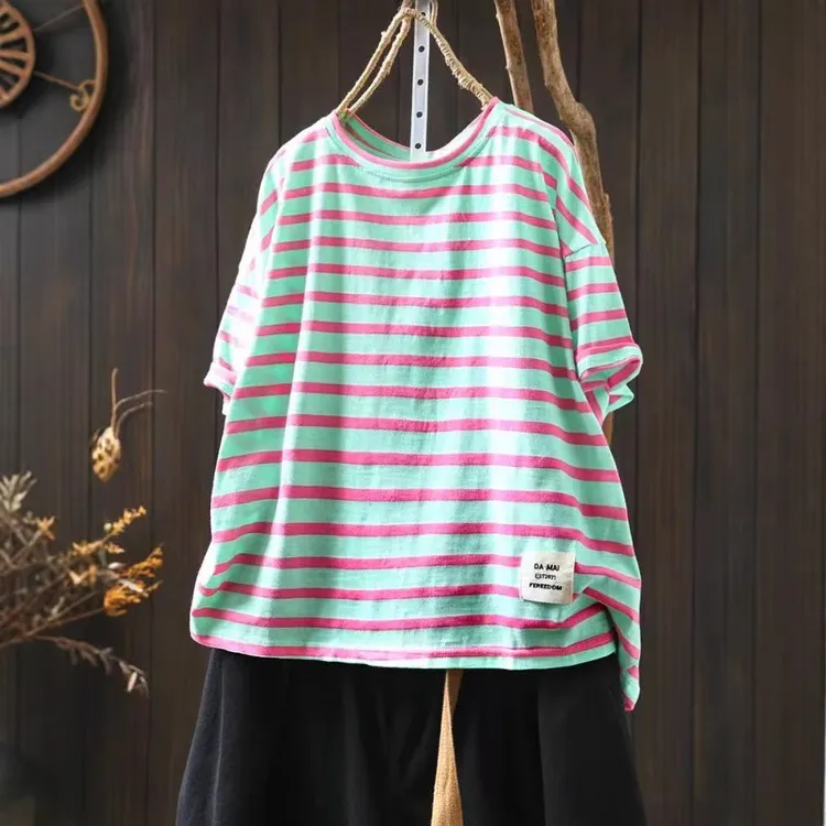 夏季新款 条纹竹节棉短袖t恤女小个子松弛感宽松减龄上衣8630