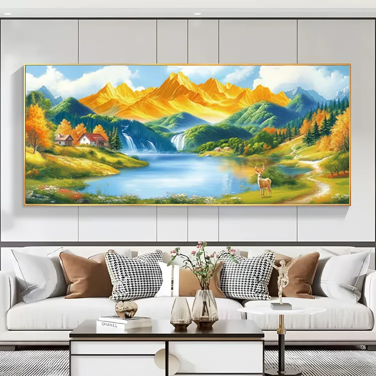 日照客厅装饰画新款聚宝盆新中式山水画客厅餐厅背景墙挂画玄关