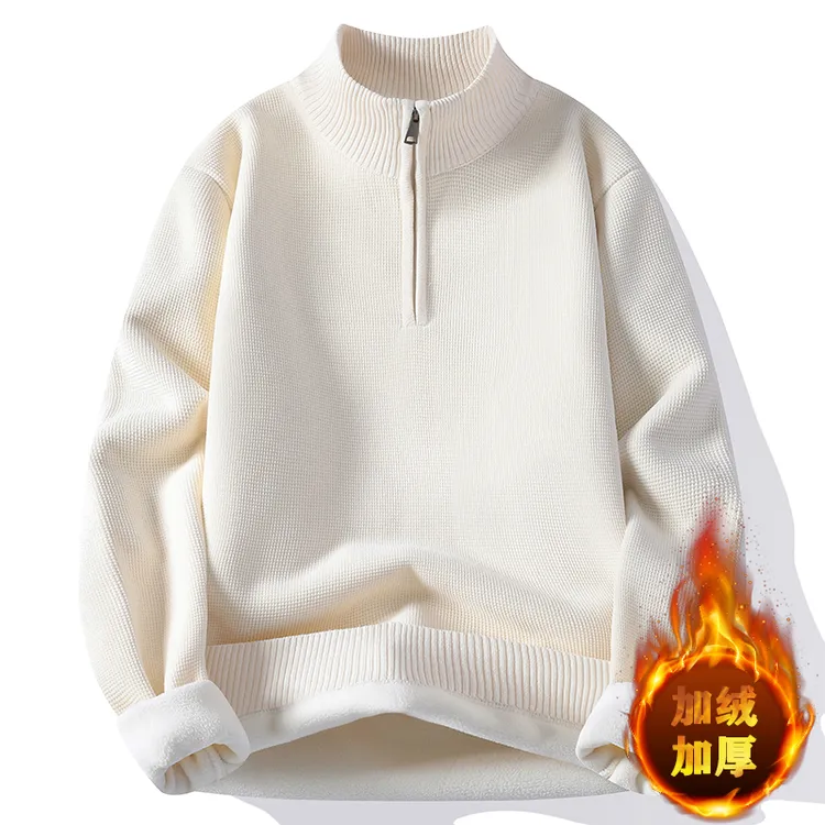 秋冬季男士保暖半高拉链针织衫纯色毛衣加厚冬装加绒立领打底衫