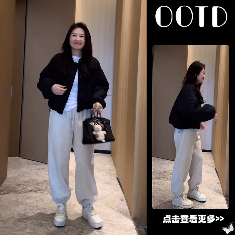 超火秋季穿搭一整套女2025新款圆领宽松黑色外套百搭休闲裤两件套