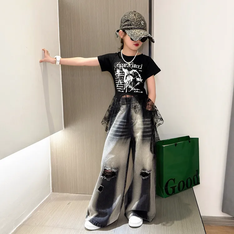 2025新款女大童美式复古夏季破洞设计感牛仔裤拖地阔腿裤个性T恤