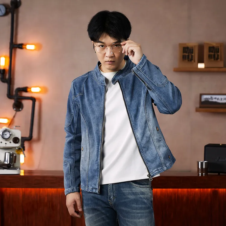 谈柒柒高端明星同款立领牛仔夹克男士韩版修身休闲机车短款上衣