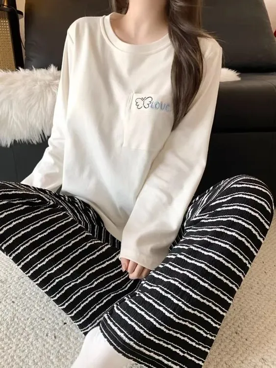 2026年新款睡衣女春秋季简约开衫长袖休闲条纹套装家居服可外穿