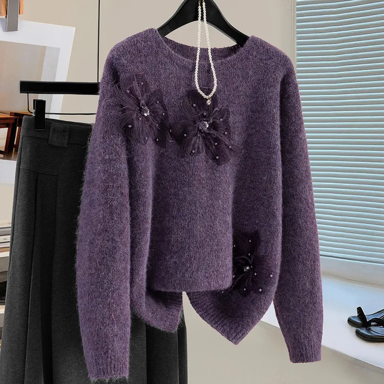 丝柏舍2025冬装新款女时尚简约慵懒风休闲宽松圆领毛衣S54P0038M