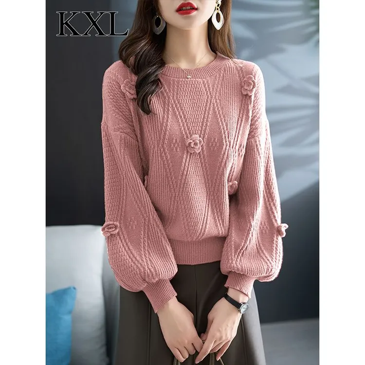 圆领针织衫上衣女秋冬胖mm宽松遮肚子灯笼袖超好看粉色毛衣打底衫