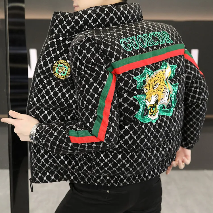 欧洲站冬季新款男士时尚潮流帅气百搭立领刺绣修身保暖棉服外套