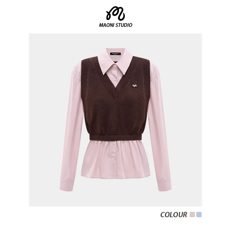 毛妮LADIESFIRST【兼收并蓄】假两件长袖衬衫拼接针织衫背心L2306