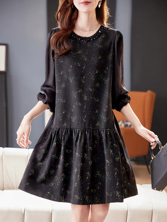 简约轻奢圆领时尚气质拼接连衣裙女秋季宽松显瘦洋气减龄A字裙潮