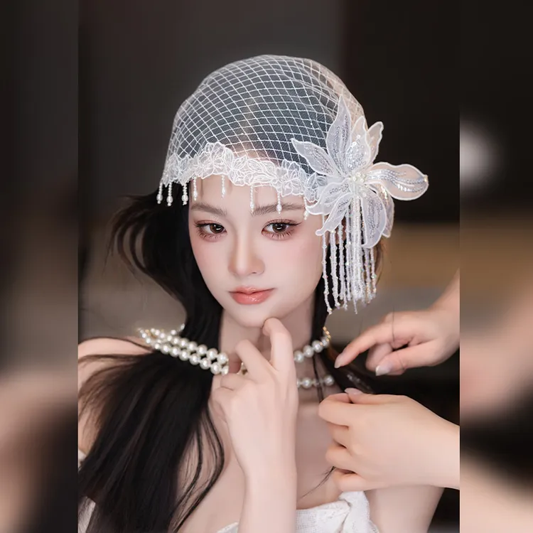 非金属布艺婚庆饰品 新娘头饰蕾丝花朵流苏婚礼造型配饰品MC3103