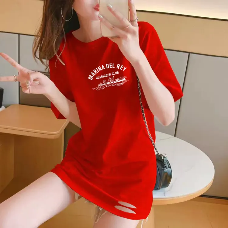 短袖t恤女红色喜庆夏季中长款圆领设计破洞百搭国潮显瘦遮肉上衣