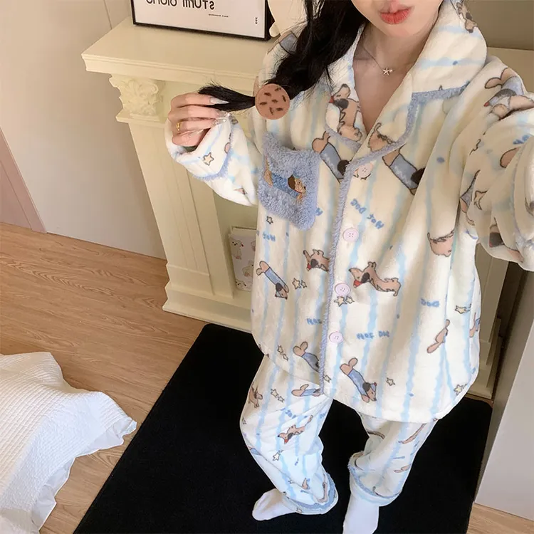 腊肠狗卡通睡衣女款秋冬季珊瑚绒加绒加厚法兰绒少女生家居服套装