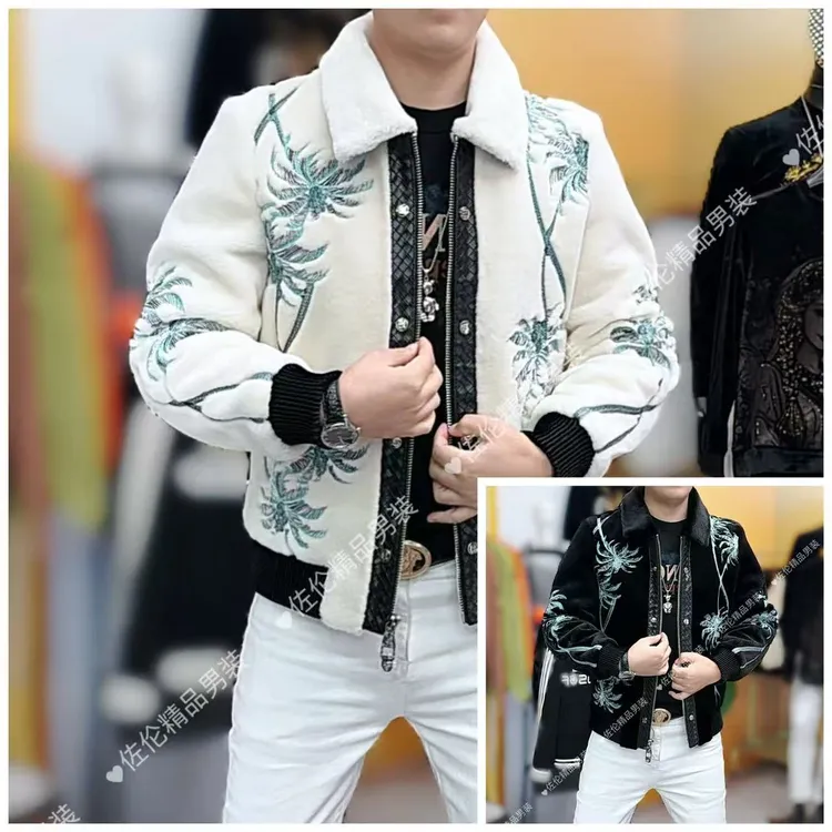 9022秋冬新款百搭刺绣翻领收口袖时尚标准男士立领厚款外套