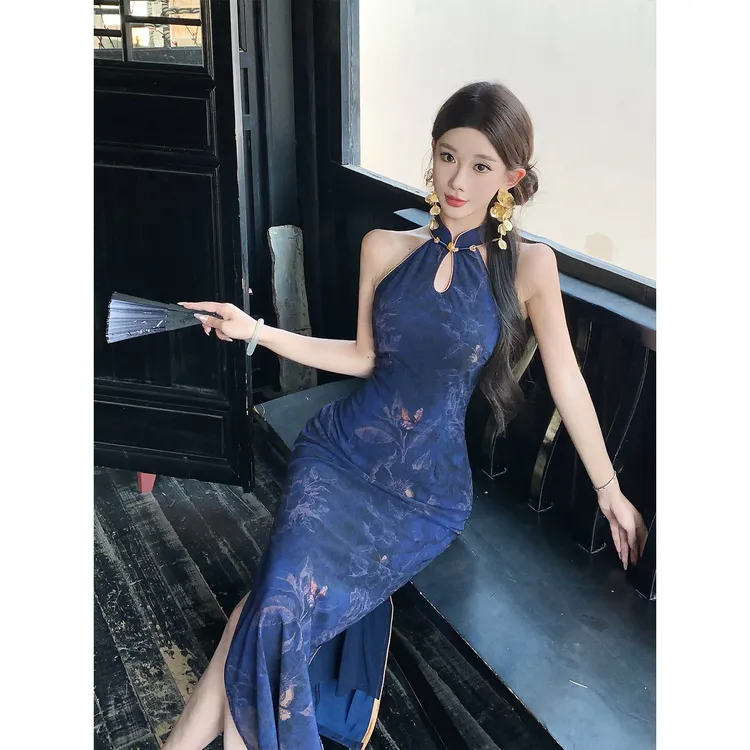 【兰陵王】夏季蓝色旗袍女新中式2025新款连衣裙改良性感挂脖修身