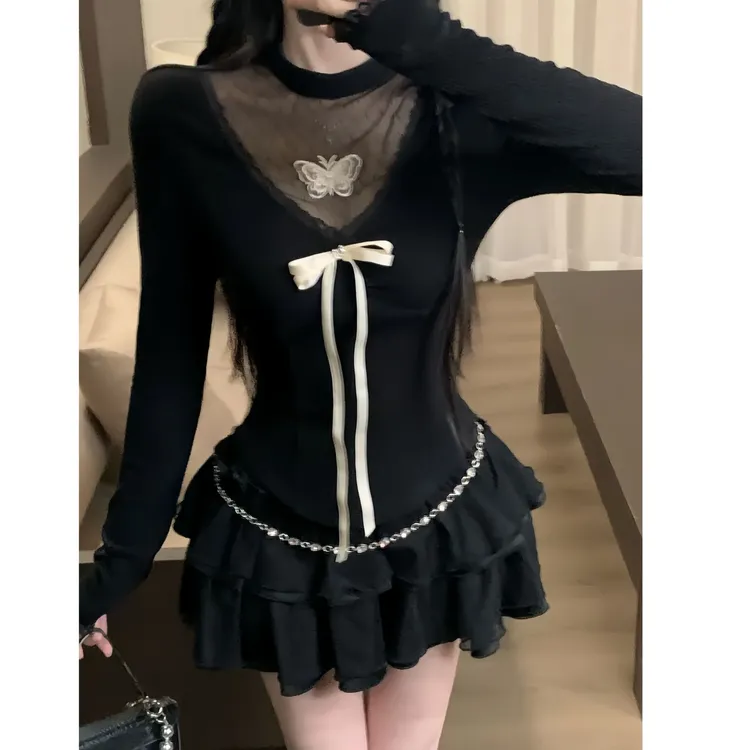 迷雾蝴蝶 纯欲辣妹风蝴蝶结针织长袖T恤早春季高腰a字短裙两件套