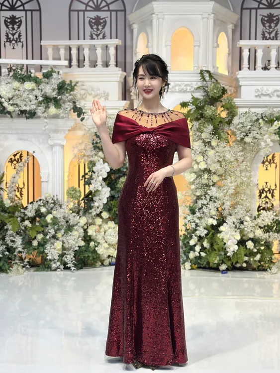 长裙短袖披肩袖镶钻礼服气质高贵宴会婚宴婚礼长款妈妈装优雅