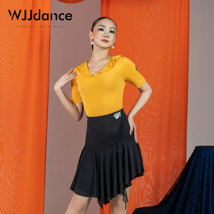 WJJdance国标舞蹈上衣女成人2025新款橡筋交叉带荷叶边摩登舞衣服