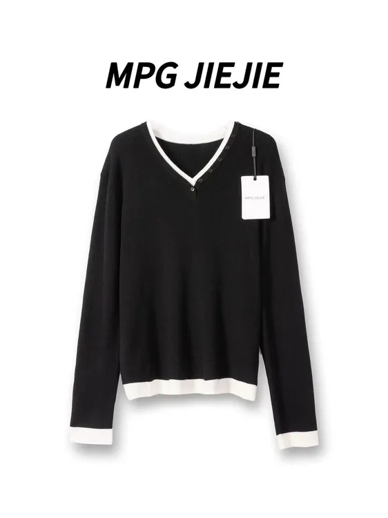 MPG JIEJIE【黑巧】早秋大码正肩弹力拼接针织衫