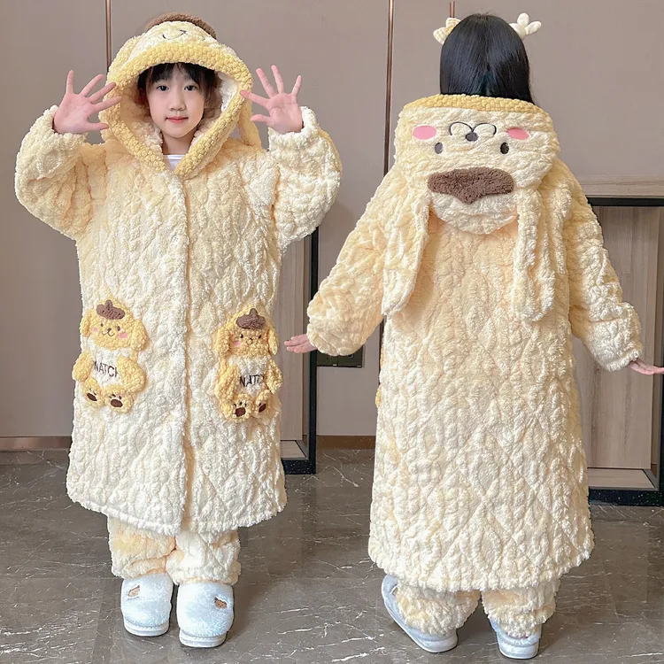三层夹棉法兰绒儿童睡衣冬季新款女童加绒加厚连帽睡袍卡通家居服