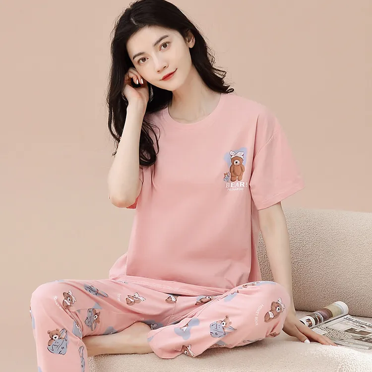 OUFENLAI纯棉睡衣女士夏季薄款短袖长裤家居服甜美少女宽松可出