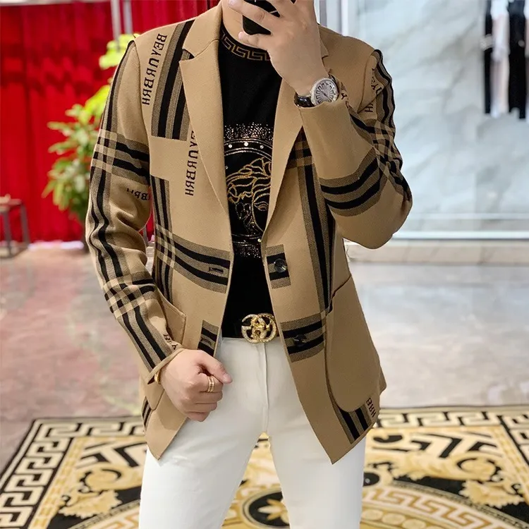 LEROLEHAR新款春秋格子休闲西服男欧洲站针织开衫小西装韩版外套