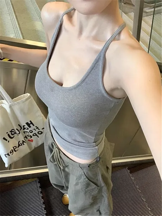【70-120斤】挂脖吊带背心女带胸垫辣妹收腰显瘦外穿内搭工字背藏青