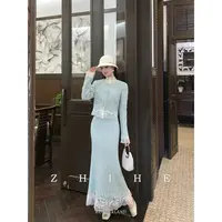 无艳一禾【静水玉】静奢羊毛香风拼蕾丝圆领外套+半裙