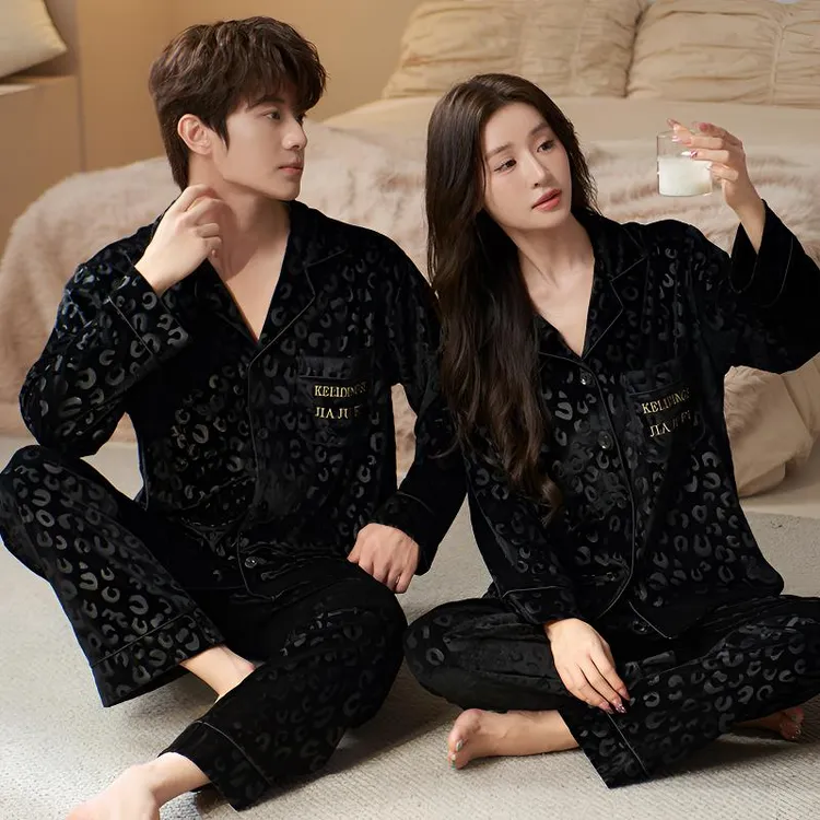 达芬奇密码2025新款金钻绒豹纹长袖家居服套装男女同款情侣睡衣