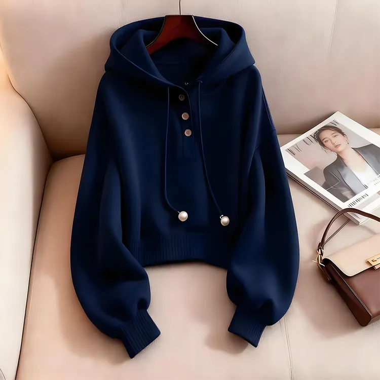 小众别致蓝色连帽抽绳纯色卫衣秋季韩系慵懒风时尚洋气舒适打底衫