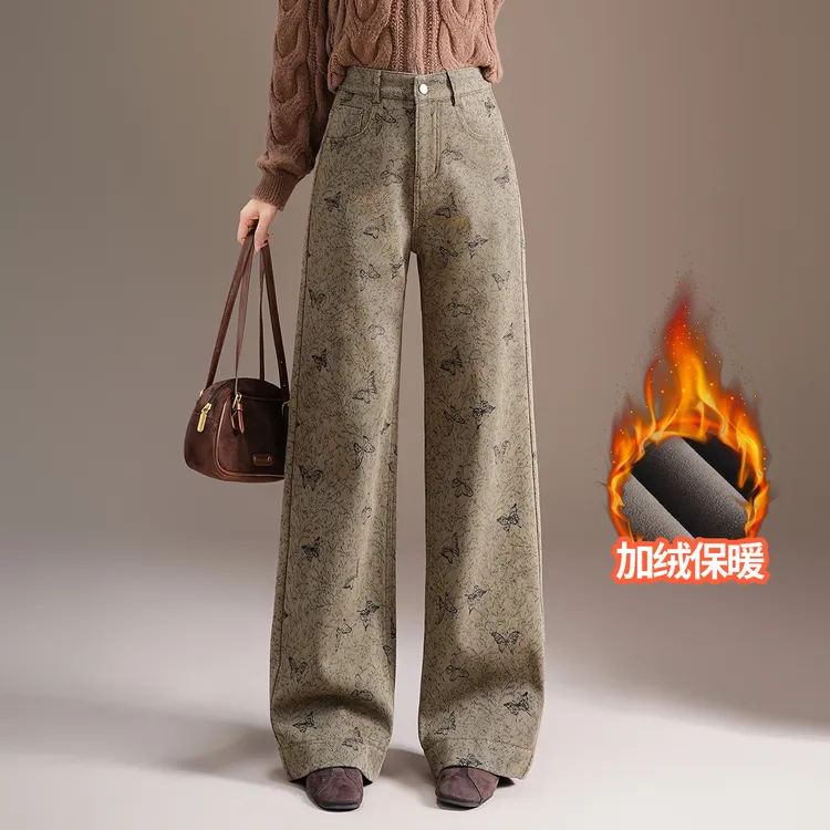 2025新款秋冬复古蝴蝶印花休闲阔腿裤大码遮肉加绒牛仔裤百搭长裤