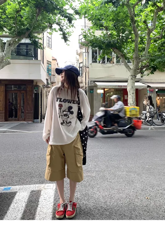 美式复古可爱米老鼠印花长袖女夏季防晒罩衫T恤慵懒风宽松上衣ins