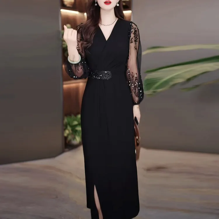 乐丽丝轻奢名媛女装2025春季新款时尚黑色显瘦修身洋气质连衣裙子