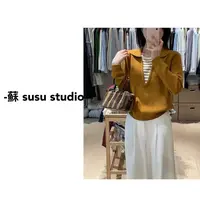 JS冬季新款翻领女假两件条纹拼接针织衫百搭网红毛衣针织衫0981