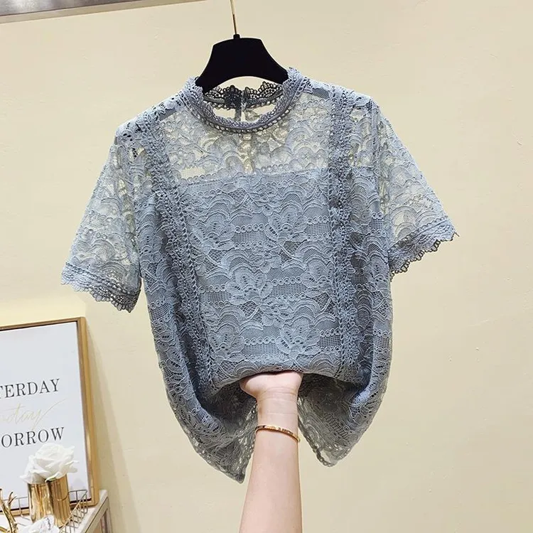 蕾丝针织短袖t恤女夏2025新款法式时尚小衫宽松显瘦镂空雪纺上衣