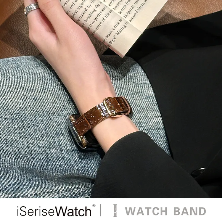 iserisewatch适用于apple watchs11表带竹节纹亮面皮质苹果手表
