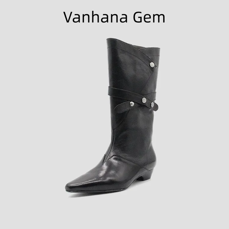 VANHANA GEM 2025新款真皮尖头时尚百搭小坡跟拉链女靴骑士靴