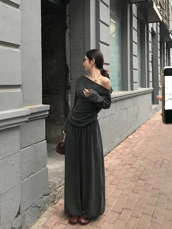 休闲通勤套装女早秋季慵懒风斜肩长袖修身上衣穿搭阔腿裤子两件套