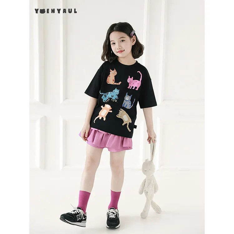 幼悠女童夏季中大童猫咪印花短袖T恤时尚童装儿童森系服装CD1458