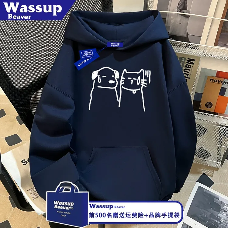 WASSUP BEAVER美式手绘卡通猫狗印花连帽卫衣男女重磅情侣衫上衣